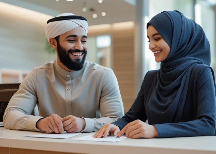 two muslim couple in a bank opening a joint account